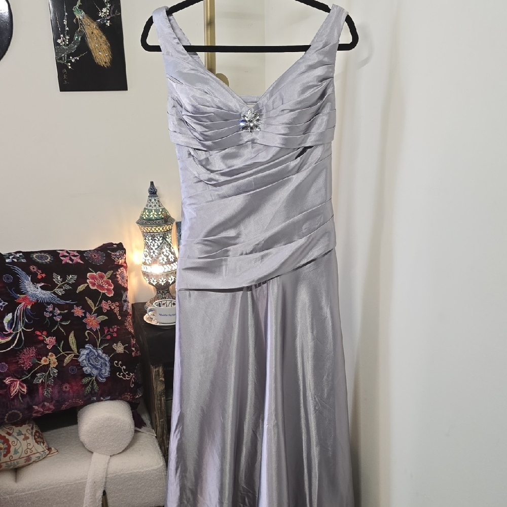 Assymetrical Embellished Silver Satin Ruched Floor-length Gown